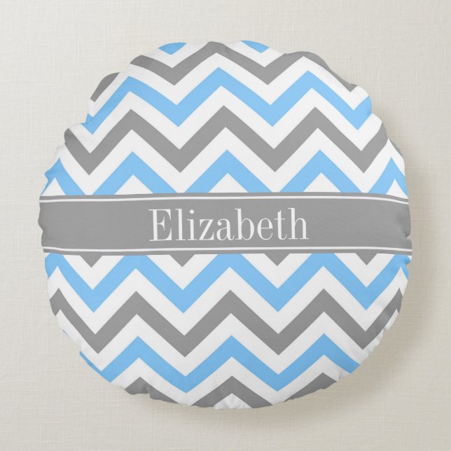 Sky Blue Dk Gray Wht LG Chevron Gray Name Monogram Rond Kussen (Voorkant)