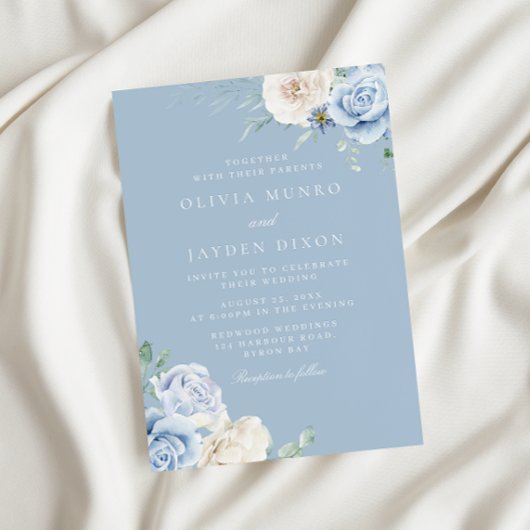 Sky Blue Dusty Blue Flowers Wedding Kaart