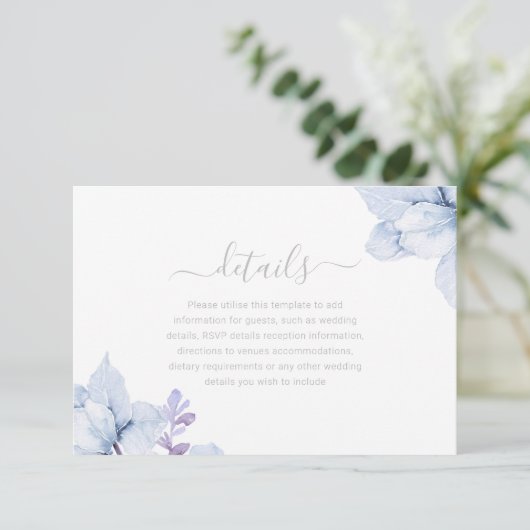 Sky Blue Dusty Floral Waterverf bruiloft details Informatiekaartje (Staand voorkant)