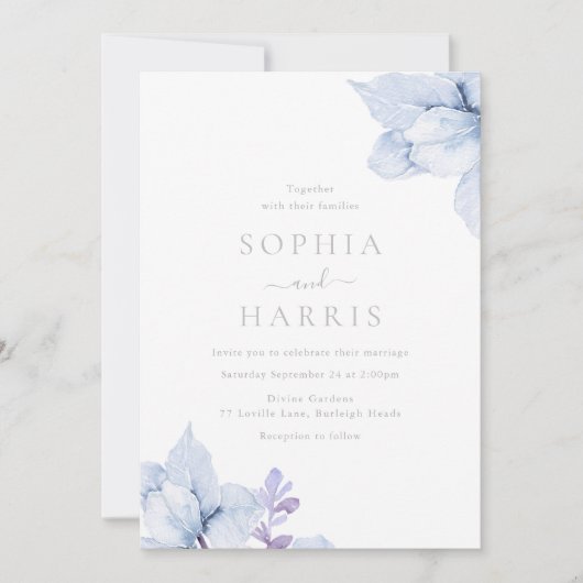 Sky Blue Dusty Waterverf Bloemen bruiloft Kaart (Voorkant)