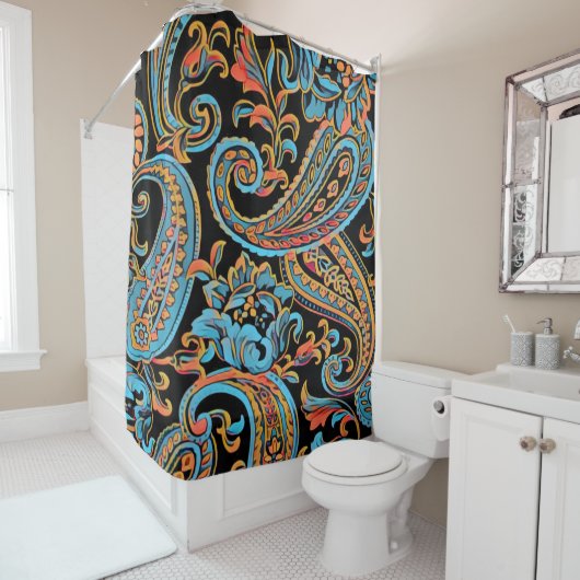 Sky Blue en Autumn Oranje  Paisley Douchegordijn (In situ)
