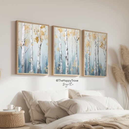 Sky Blue en Beige Birch Trees Forest Print 1 van 3