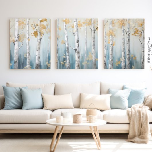 Sky Blue en Beige Birch Trees Forest Print 1 van 3