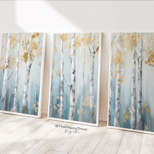 Sky Blue en Beige Birch Trees Forest Print 1 van 3