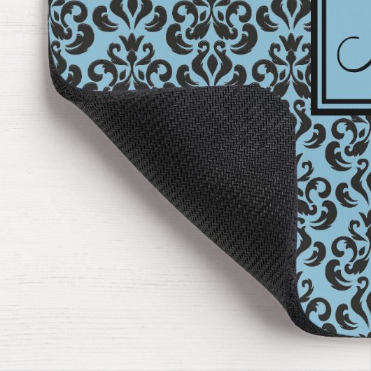 Sky Blue en Black Damask Monogrammed Muismat (Hoek)