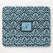 Sky Blue en Black Damask Monogrammed Muismat (Voorkant)