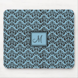 Sky Blue en Black Damask Monogrammed Muismat