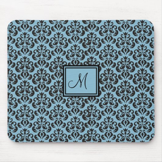 Sky Blue en Black Damask Monogrammed Muismat (Voorkant)