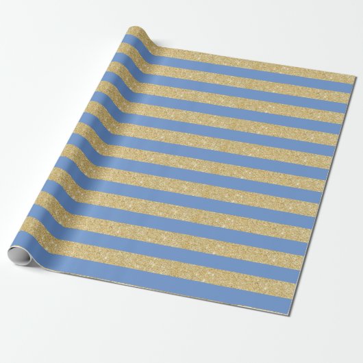 Sky Blue en Gold Glitter Stripes Wrapping Paper Cadeaupapier (Uitgerold)