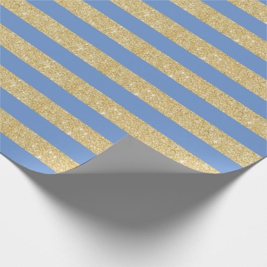 Sky Blue en Gold Glitter Stripes Wrapping Paper Cadeaupapier (Hoek)
