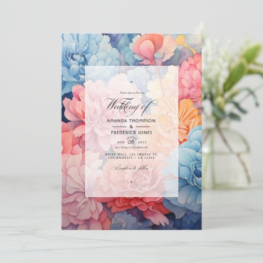 Sky Blue en koraal bloemenbruiloft Kaart (Staand voorkant)