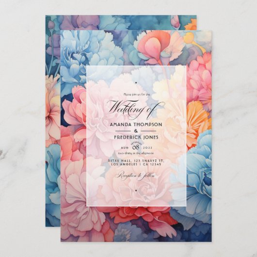 Sky Blue en koraal bloemenbruiloft Kaart (Voorkant / Achterkant)