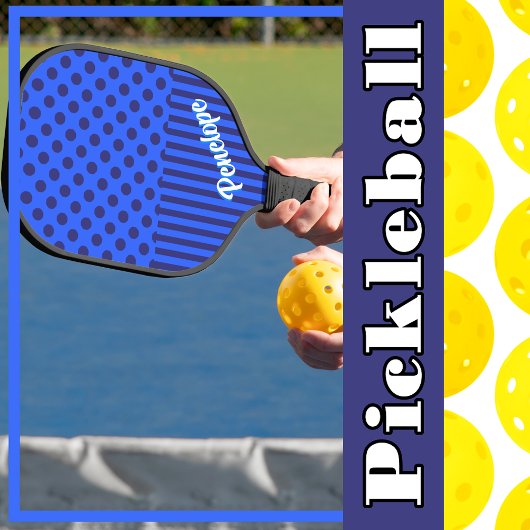 Sky Blue en Navy Blue Polka Dots and Stripes Pickleball Paddle