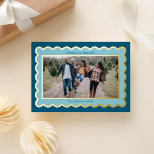 Sky Blue en Navy Preppy Scallop Foto Lijst Folie Feestdagenkaart