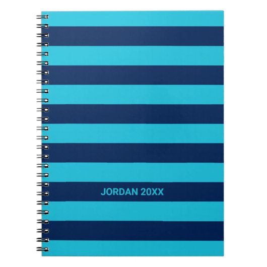 Sky Blue en Navy Stripes met naam Notitieboek (Voorkant)