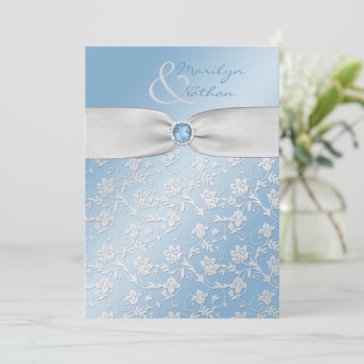 Sky Blue en Silver Floral Wedding Invitation Kaart (Staand voorkant)