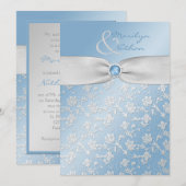 Sky Blue en Silver Floral Wedding Invitation Kaart (Voorkant / Achterkant)