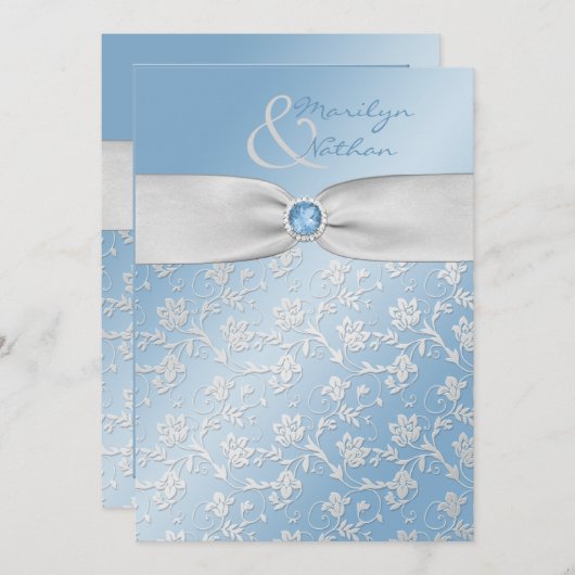 Sky Blue en Silver Floral Wedding Invitation Kaart (Voorkant / Achterkant)