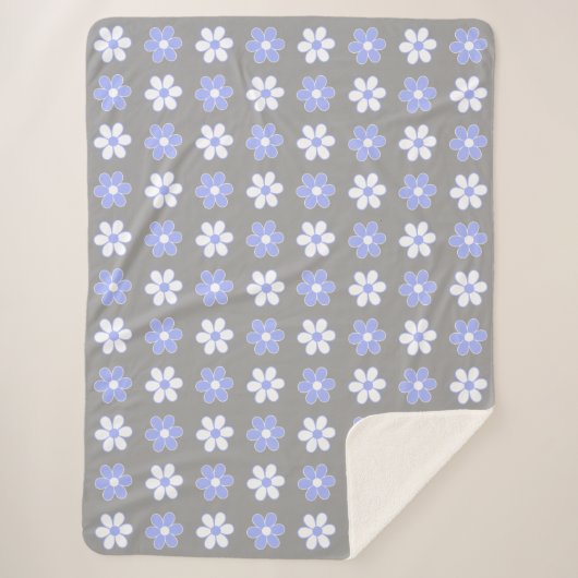Sky Blue en White Flowers op Silver Grey Sherpa Deken (Voorkant)