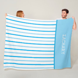 Sky Blue en White Geometric Stripes Naam Fleece Deken