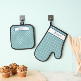 Sky Blue en White Polka Dots Ovenwant & Pannenlap Set