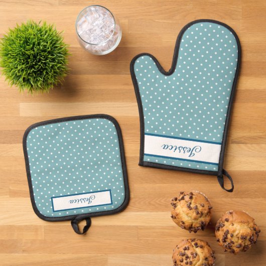 Sky Blue en White Polka Dots Ovenwant & Pannenlap Set (Top down)