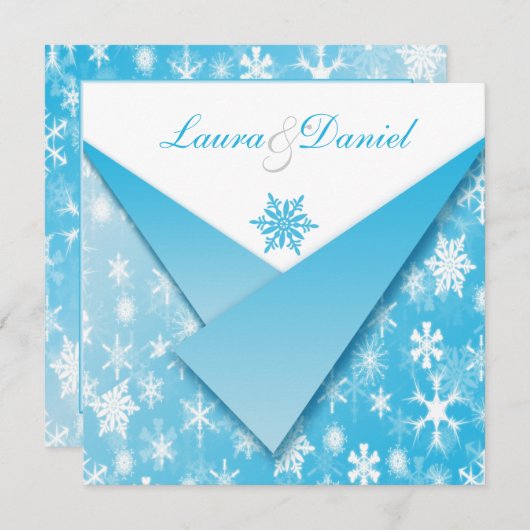 Sky Blue en White Snowflakes Wedding Invitation Kaart (Voorkant / Achterkant)