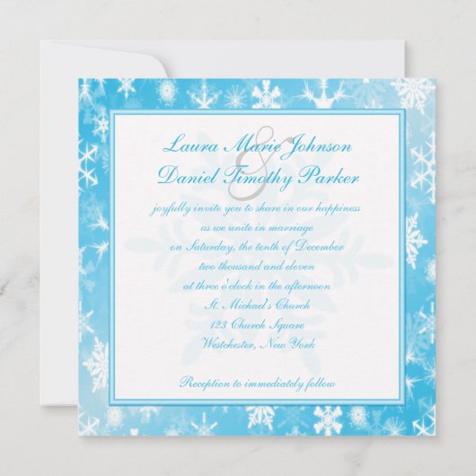 Sky Blue en White Snowflakes Wedding Invitation Kaart (Achterkant)