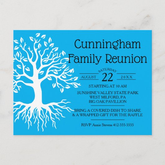 Sky Blue Family Reunion Family Tree Silhouette Uitnodiging Briefkaart (Voorkant)