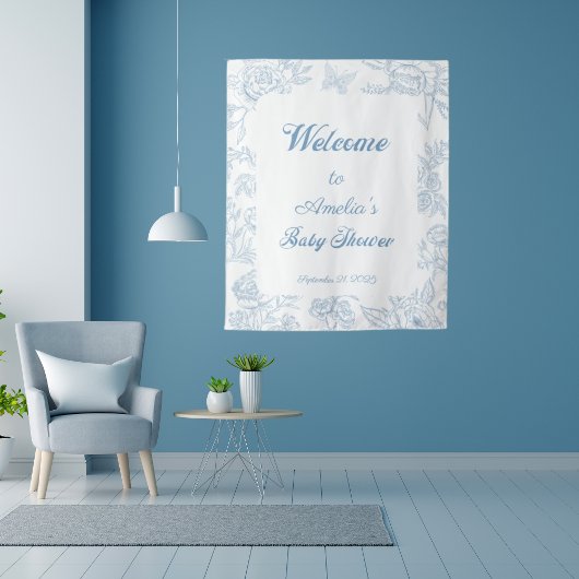 Sky Blue Floral Border Baby shower Welkom Wandkleed