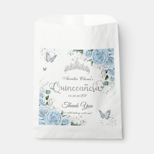 Sky Blue Floral Butterflies Silver Quinceañera 16 Bedankzakje (Voorkant)