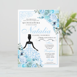 Sky Blue Floral Quinceanera Birthday Kaart