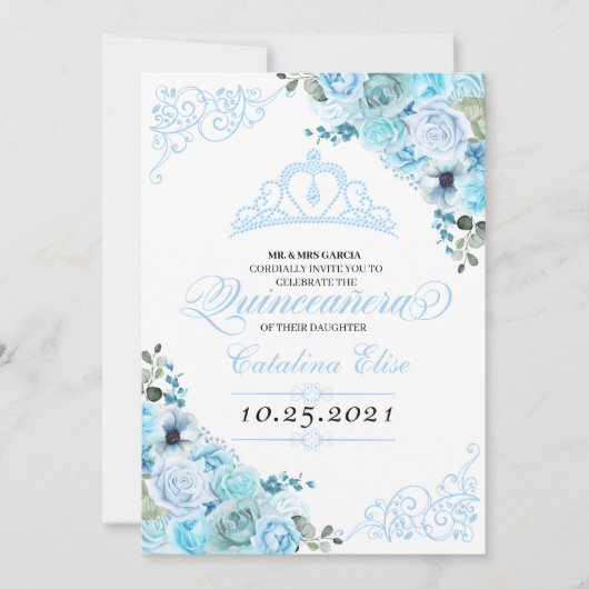 Sky Blue Floral Quinceanera Birthday Kaart (Voorkant)