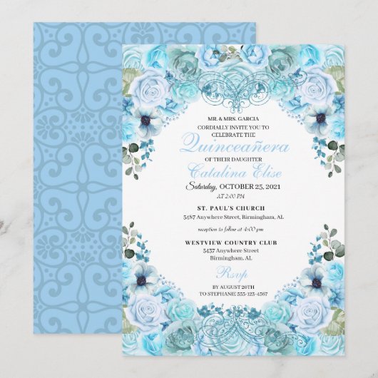 Sky Blue Floral Quinceanera Birthday Kaart (Voorkant / Achterkant)