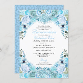 Sky Blue Floral Quinceanera Birthday Kaart