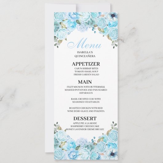 Sky Blue Floral Quinceanera Menu Uitnodiging (Voorkant)