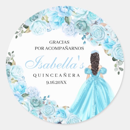 Sky Blue Floral Quinceanera Round Stickers (Voorkant)