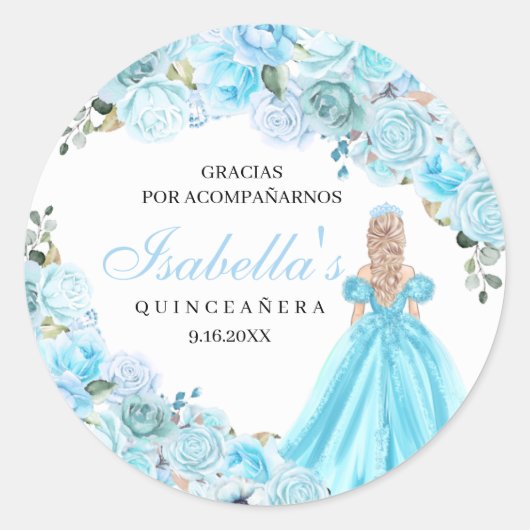 Sky Blue Floral Quinceanera Round Stickers (Voorkant)