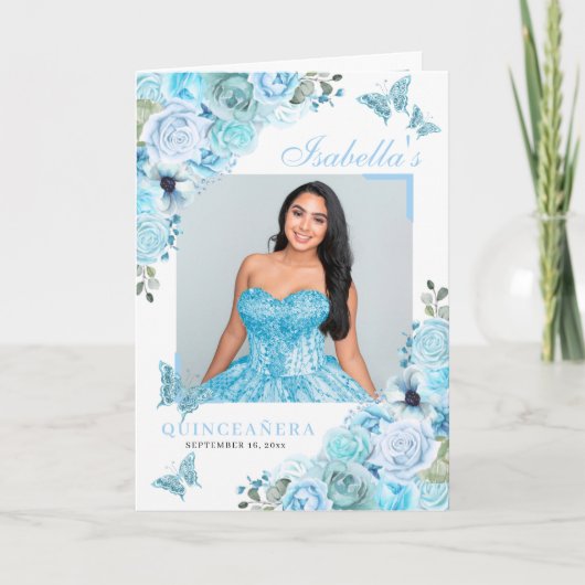 Sky Blue Floral Quinceanera Tiara Butterflies Programma (Voorkant)