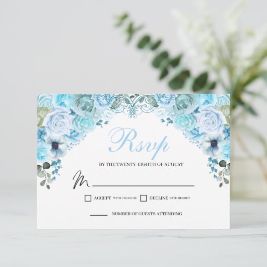 Sky Blue Floral RSVP Enclosure Kaart (Staand voorkant)