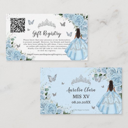 Sky Blue Floral Silver Quinceañera Gift Registry Informatiekaartje (Voorkant / Achterkant)