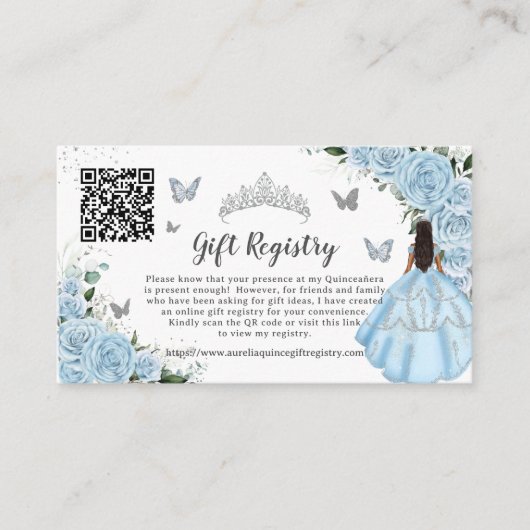 Sky Blue Floral Silver Quinceañera Gift Registry Informatiekaartje (Voorkant)