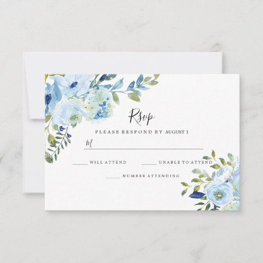 Sky Blue Floral Waterverf Wedding Verloving RSVP Kaartje (Voorkant)