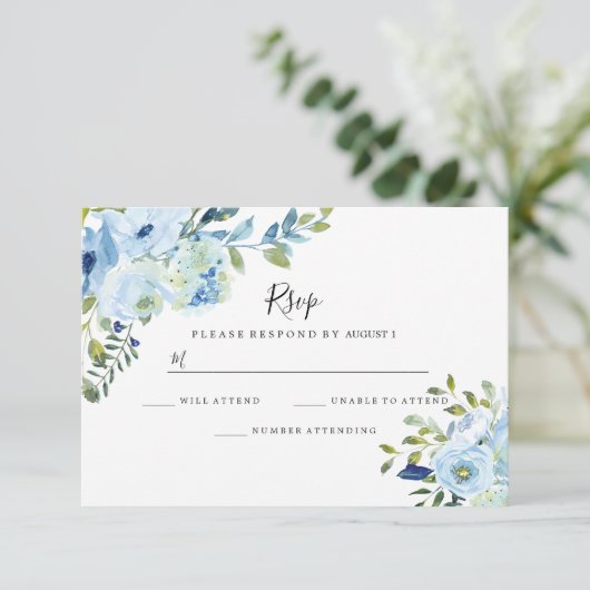 Sky Blue Floral Waterverf Wedding Verloving RSVP Kaartje (Staand voorkant)