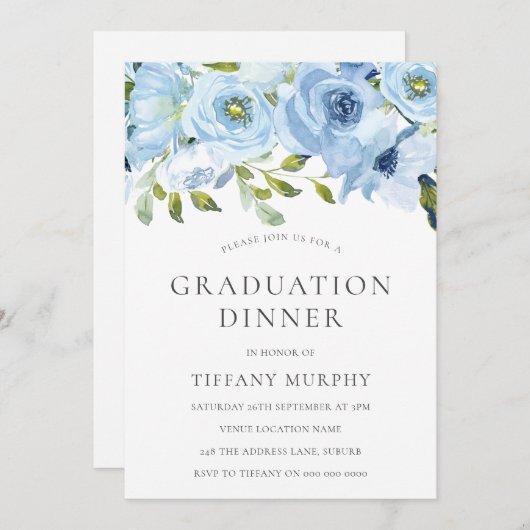 Sky Blue Flowers Afstuderen Dinner Party Kaart (Voorkant / Achterkant)
