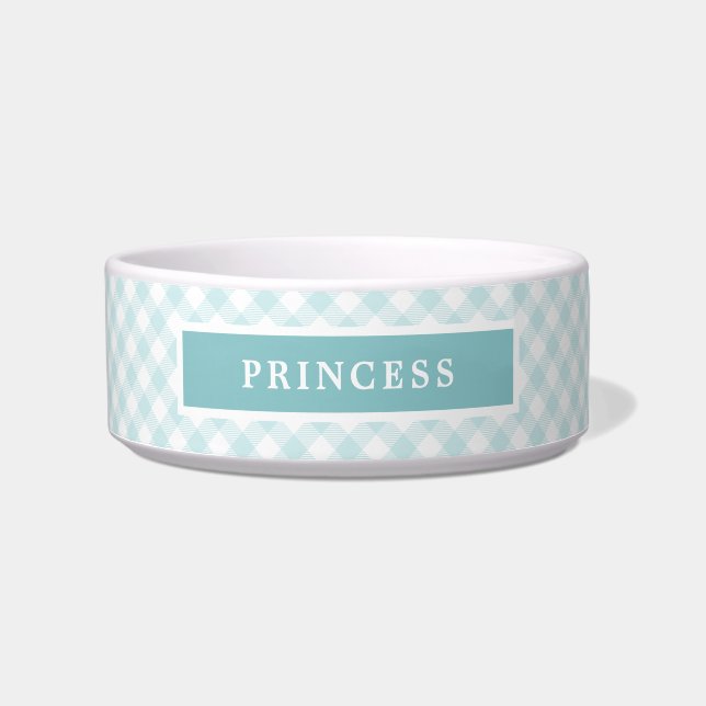 Sky Blue Gingham Plaid Gepersonaliseerde hond Voerbakje (Voorkant)