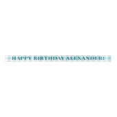 Sky Blue Gingham Plaid Navy Text Happy Birthday Satijnen Lint (Voorkant)