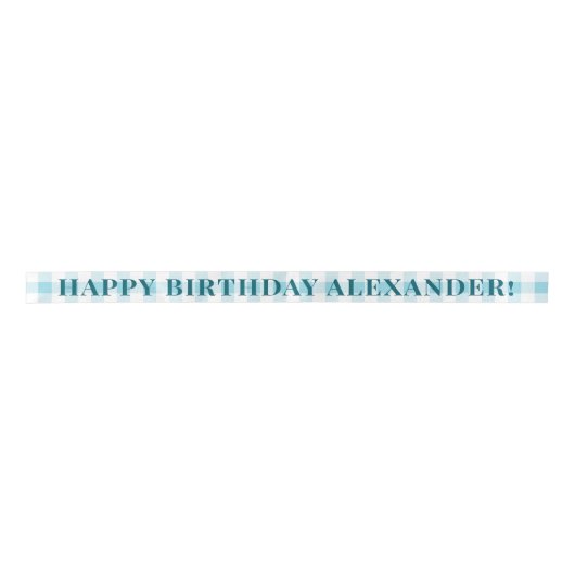Sky Blue Gingham Plaid Navy Text Happy Birthday Satijnen Lint (Voorkant)