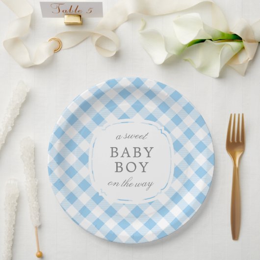 Sky Blue Gingham Plaid Sweet Baby Boy Papieren Bordje (Huwelijk)