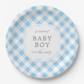 Sky Blue Gingham Plaid Sweet Baby Boy Papieren Bordje (Voorkant)